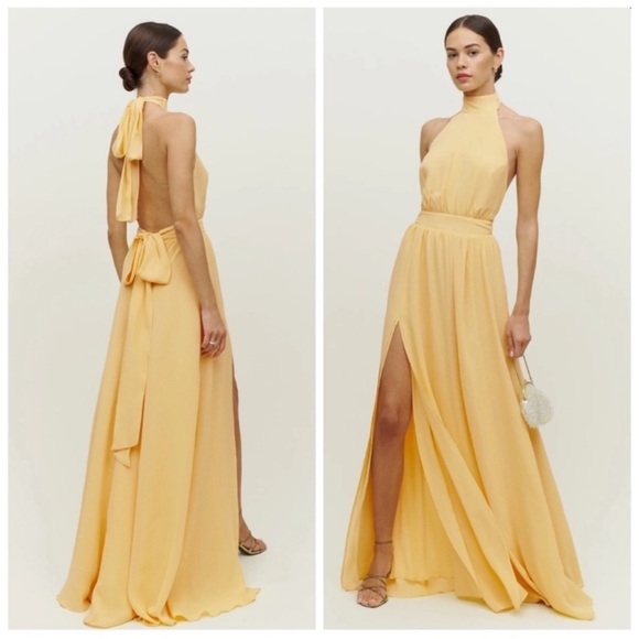 Reformation Andee Halterneck Open Back Sunshine Yellow Maxi Dress Size 4 - Picture 2 of 9